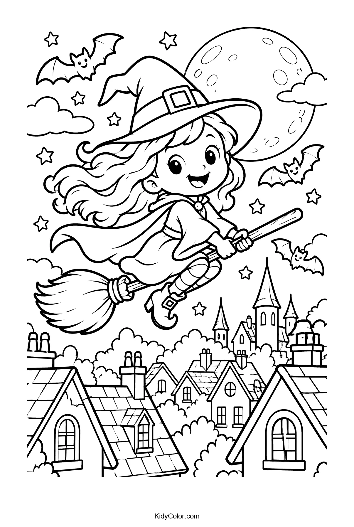 A young witch flies on a broomstick over a village with bats and a full moon.