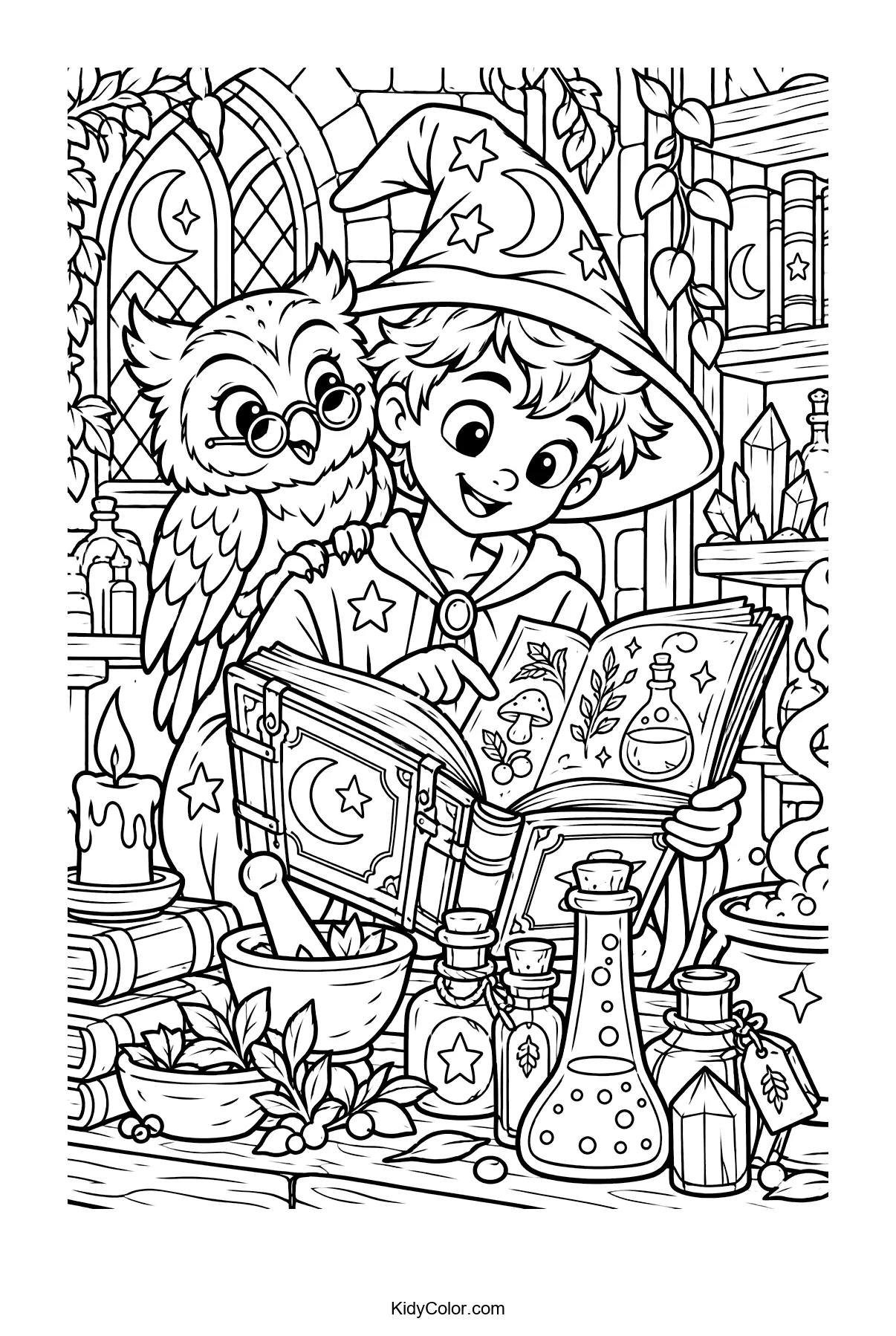 A young wizard reading a spellbook with an owl on the shoulder in a magic lab.