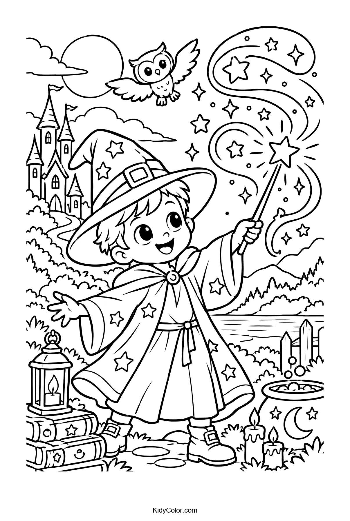 Young wizard in a hat casting a spell under the moon, with an owl and a castle in the background.