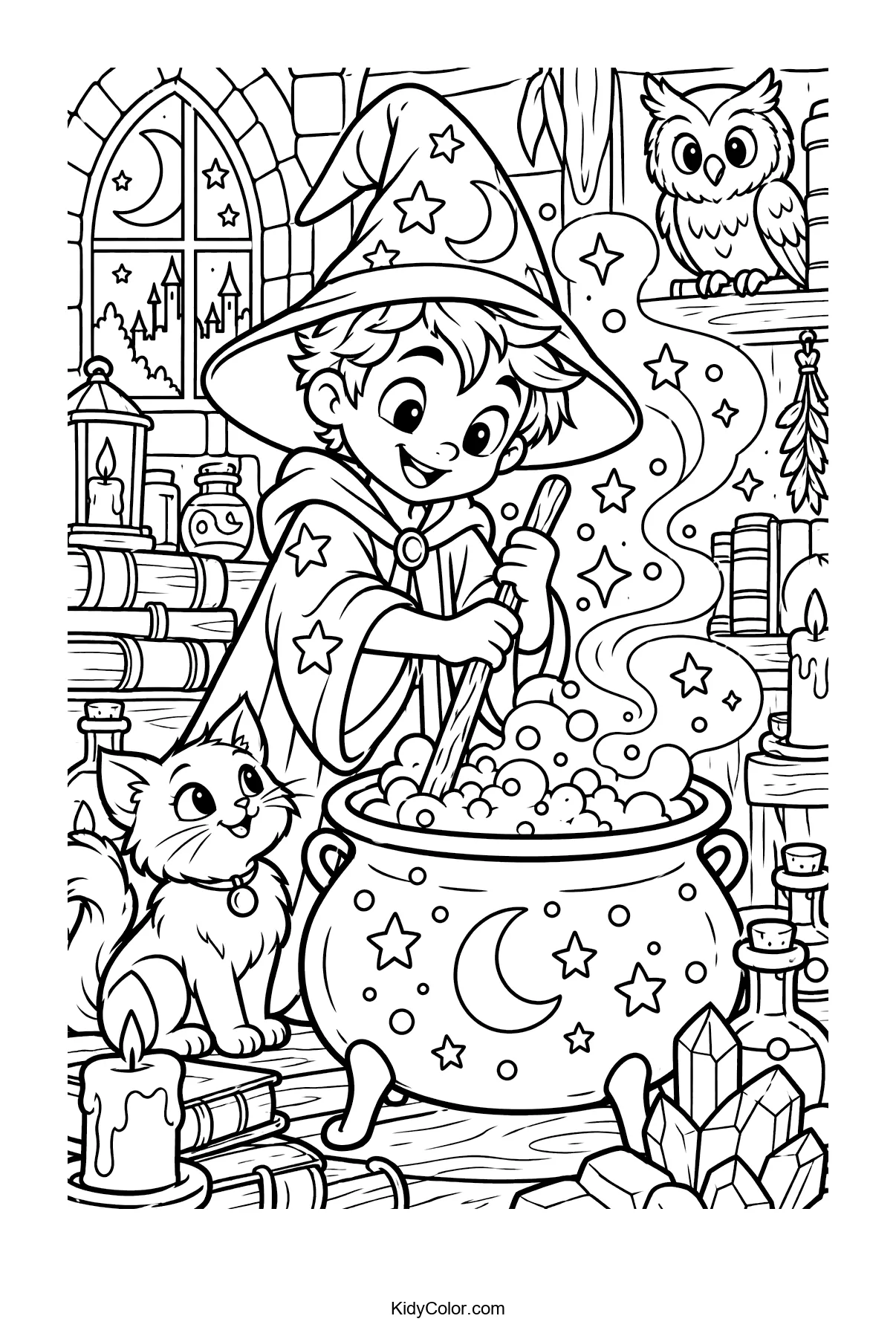 Young wizard stirring a cauldron in a magical workshop with a cat and owl.