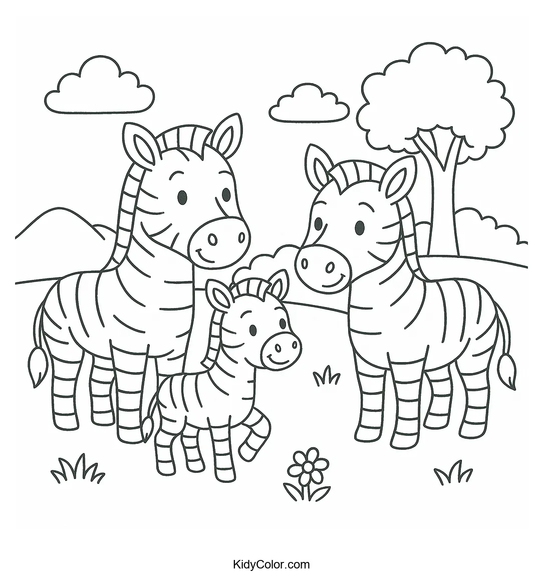 Zebra family in a meadow with trees