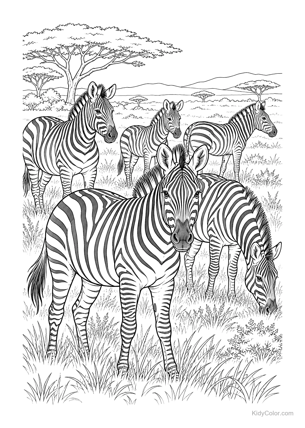 Zebras standing and grazing on the African savanna with trees in the background.