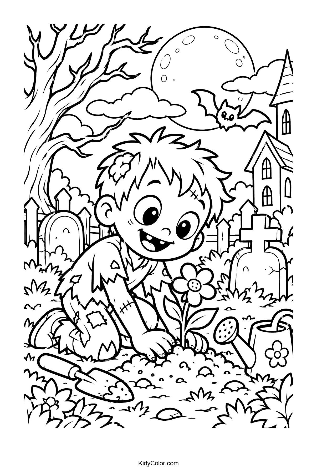 A cheerful zombie planting a flower in a graveyard.