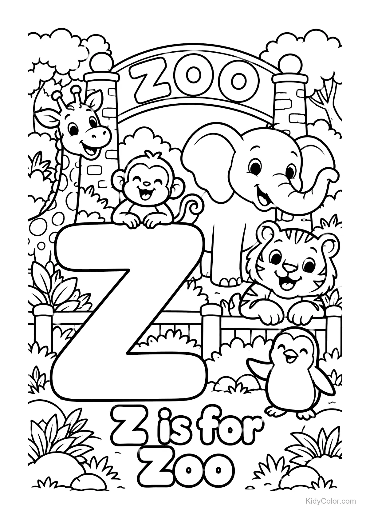 Zoo animals including giraffe, elephant, monkey, and tiger around letter Z.