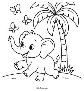 A Baby Elephant Playfully Chasing Butterflies Under A Tall P