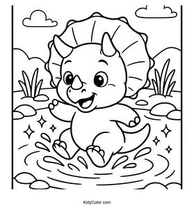Splashing Baby Triceratops Coloring Page for Kids