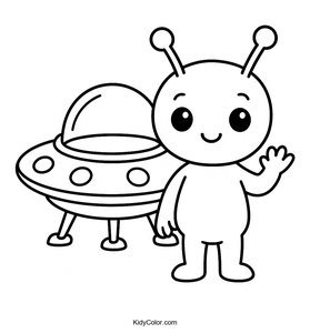 Cartoon Alien Next to Flying Saucer Coloring Page