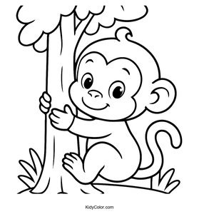 A Cartoon Baby Monkey Hugging A Tree