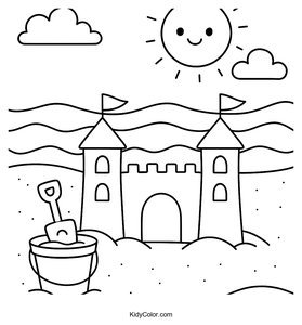 Fun Beach Scene with Sandcastle for Kids Coloring