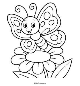 Cartoon Butterfly Coloring Page on a Flower