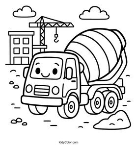 A Cartoon Cement Mixer Truck On A Building Site