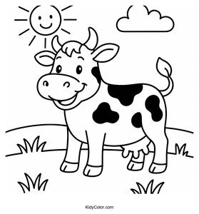 A Cartoon Cow Standing In A Sunny Field With A Big Smile