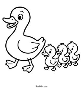 A Cartoon Duck With Ducklings Following Behind