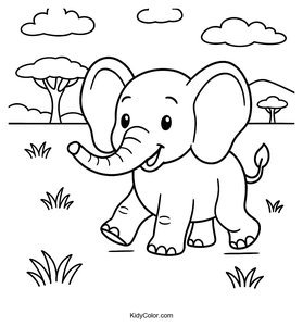 A Cartoon Elephant With Large Ears Walking On The Savanna