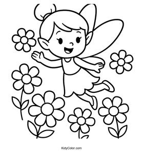 Cheerful Fairy Flying Through Blossoms Coloring Page