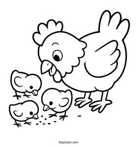 A Cartoon Hen With Baby Chicks Pecking At The Ground