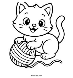 A Cartoon Kitten Playing With A Ball Of Yarn