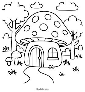 Color a Fun Cartoon Mushroom House in the Forest
