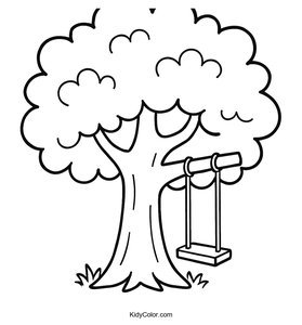 Cartoon Oak Tree with Swing Coloring Page