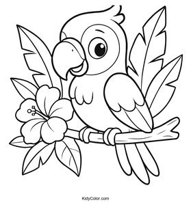 A Cartoon Parrot Perched On A Tropical Branch
