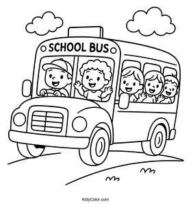 A Cartoon School Bus Full Of Happy Children
