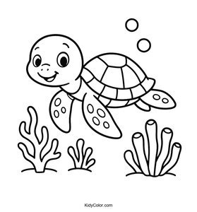 Cartoon Sea Turtle Swimming Through Coral Coloring Page