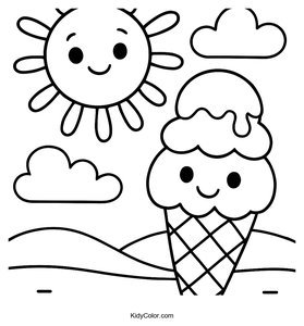 Fun Summer Scene with Sun and Ice Cream to Color