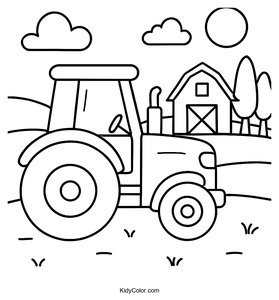 A Cartoon Tractor On A Farm