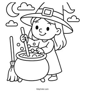 Cartoon Witch Stirring a Bubbling Cauldron Coloring Page