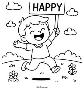 Cheerful Child Jumping with Happy Sign Coloring Page