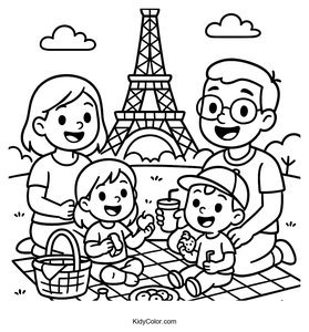 Cheerful Family Picnic by the Eiffel Tower Coloring Page