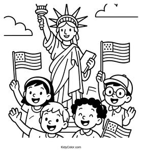 Cheerful Kids Waving Flags at Statue of Liberty