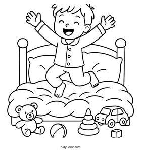 Fun PJs Jumping on Fluffy Bed Coloring Page