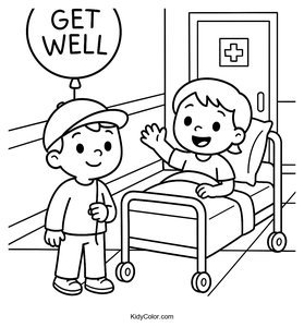 Coloring Page of a Child with Get Well Balloon
