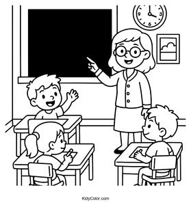 A Classroom With Desks A Blackboard And A Friendly Teacher
