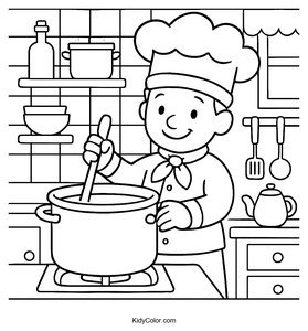 Cozy Kitchen with Smiling Chef Coloring Page