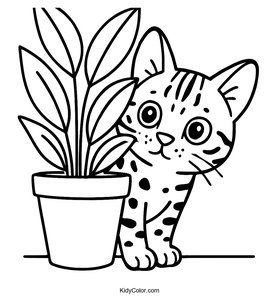 A Curious Bengal Cat Peeking Out From Behind A Potted Plant
