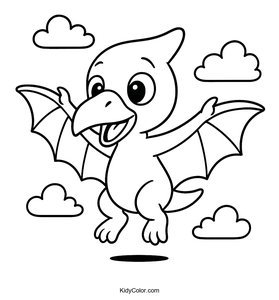 Cute Baby Pterodactyl Learning to Fly Coloring Page