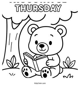 Cute Bear Reading a Book Under a Tree Coloring Page