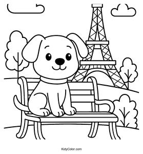 Adorable Puppy on Park Bench with Eiffel Tower