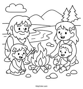 Early Humans Gathering by the River Coloring Page