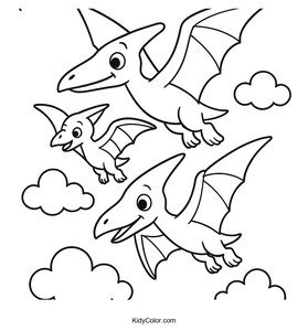 Family of Pterodactyls Flying Through Fluffy Clouds