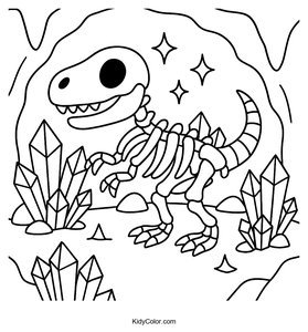 Color a Dinosaur Skeleton Surrounded by Crystals