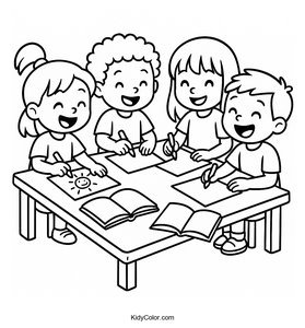 Friends Drawing and Laughing at the Library Table