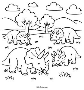 Peaceful Triceratops Grazing in a Meadow Coloring Page