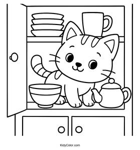 Cute Kitten Hiding in Kitchen Cupboard Coloring Page