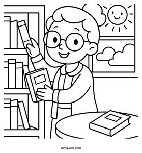 Cheerful Librarian Shelving Books Coloring Page