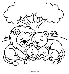 A Lion Family Cuddled Together Under A Shady Tree Enjoying