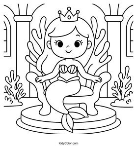 Enchanting Mermaid Princess on Coral Throne Coloring Page