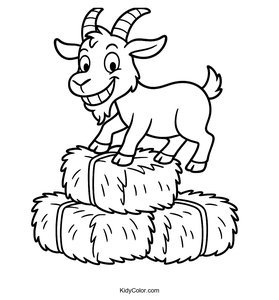 A Mischievous Goat Climbing On A Pile Of Hay Bales Grinning